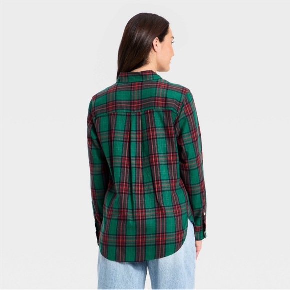 Women's Long Sleeve Collared Flannel Button-Down Shirt - Green Plaid XS NWT - Picture 3 of 7